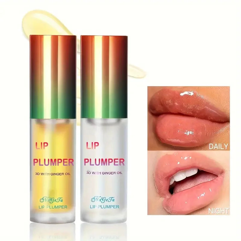 Two lip plumper products with a close-up of lips showing the effect.