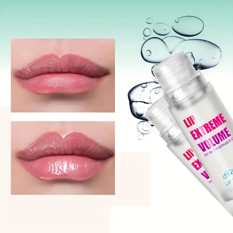 Lip gloss with close-up of lips before and after application on a light green background