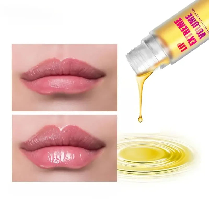 Lip balm with a droplet of oil being applied to lips, showing a close-up of glossy lips.