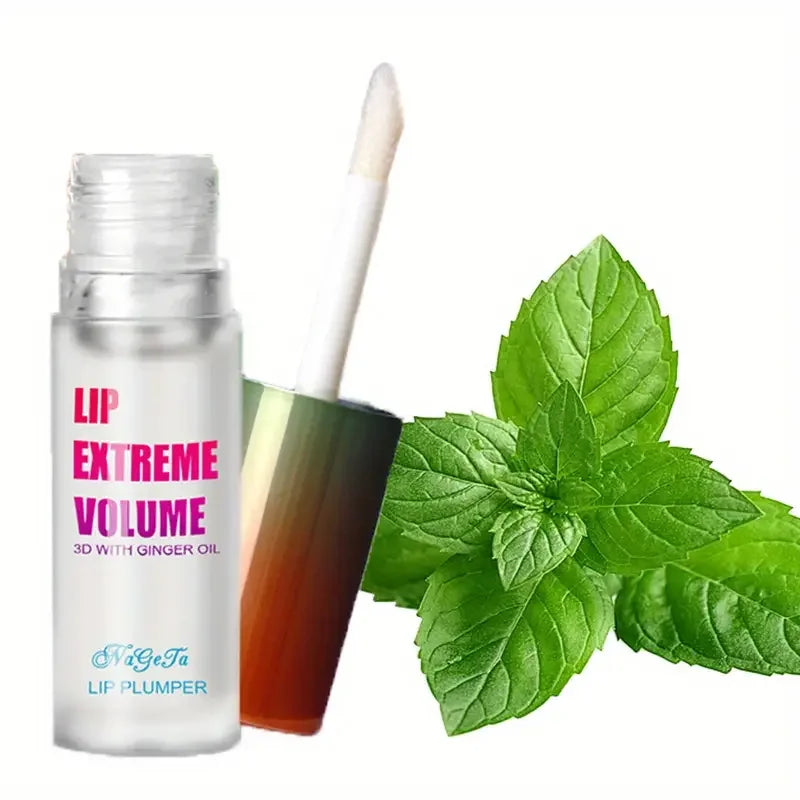 Lip plumper with applicator and mint leaves on a white background