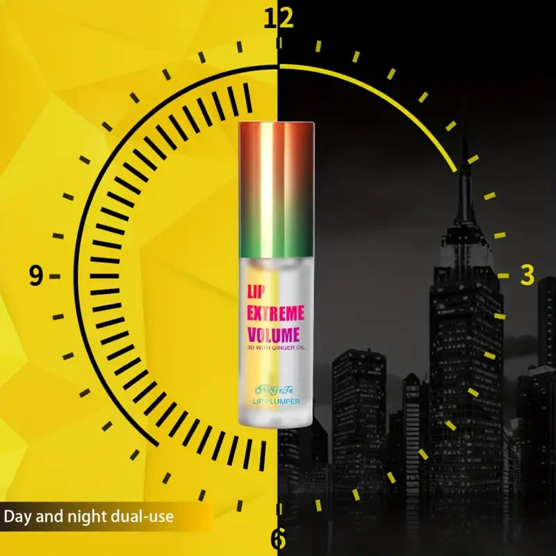 Lip product with 'Extreme Volume' text on a cityscape background with a clock.