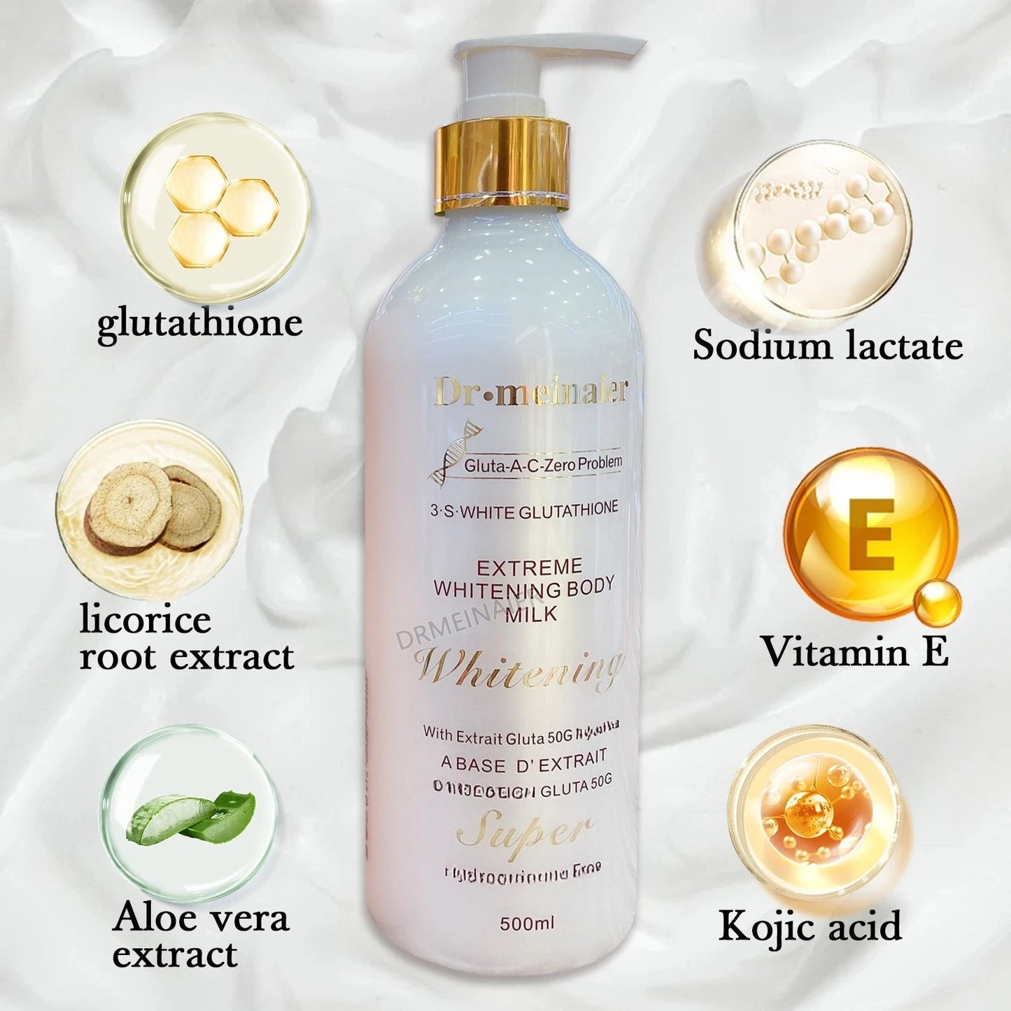 Dr.immel's Whitening Extreme Whitening Body Milk with ingredients listed on a white background 24K Gold Glutathione Whitening Body Lotion Moisturizing Brightening and Firming Body Cream