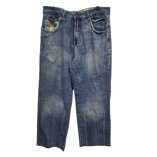 LRG Geans Womens Large 34 US 14 Make Jeans Not War Cutoff Denim Blue Jeans