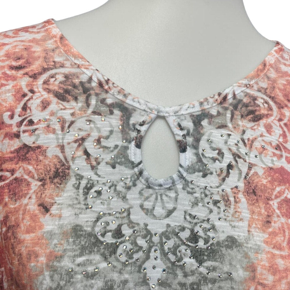 Time & Tru Womens Large Rhinestone Lace Scrollwork Short Sleeve Polyester Tee