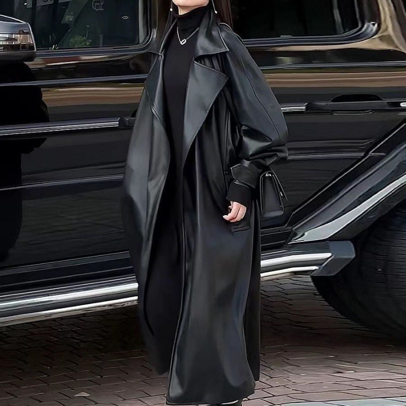 Women's Fashion Temperament Long Below The Knee PU Leather Coat