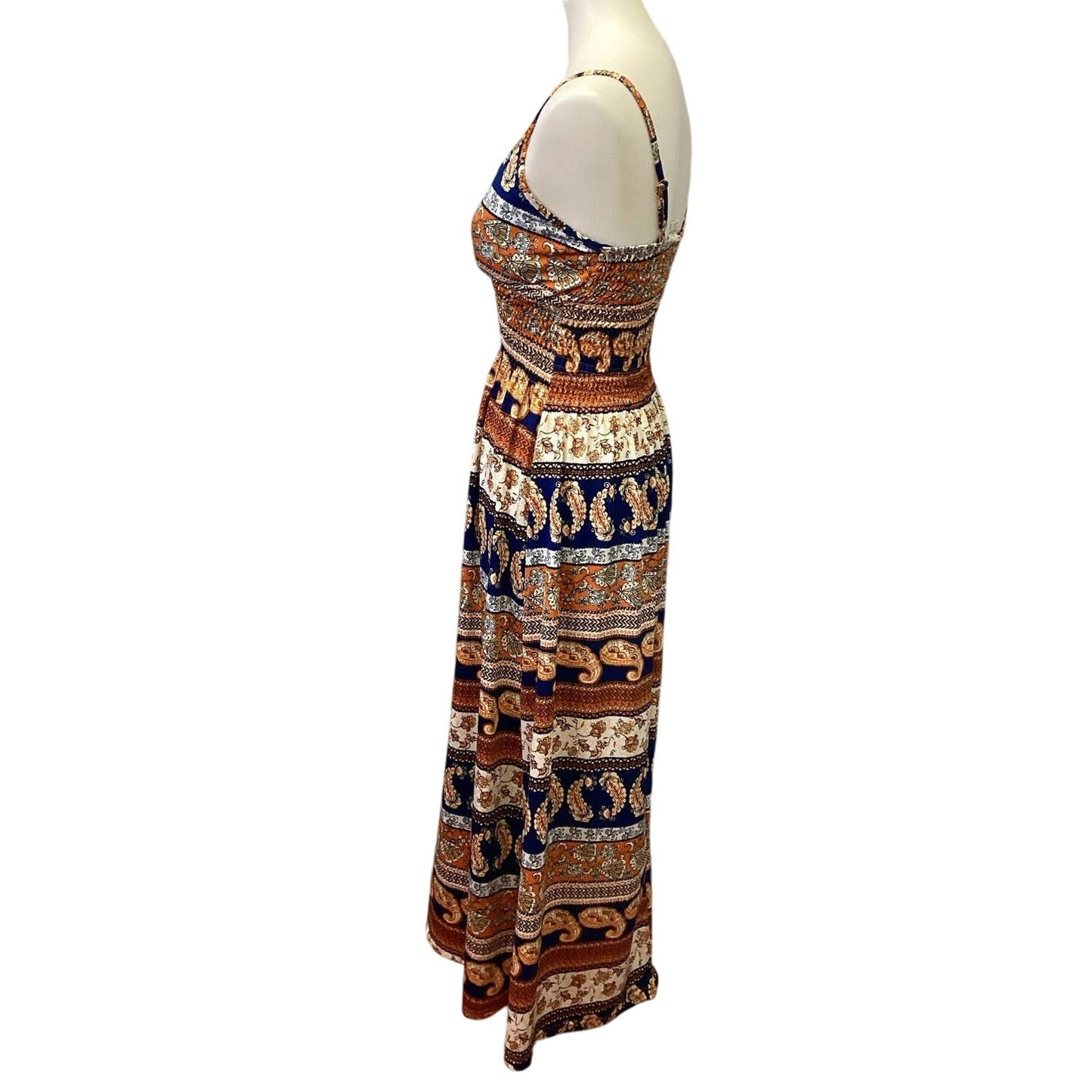 Bobbie Brooks Womens Medium Boho Paisley Floral Print Strappy Deep V Maxi Dress