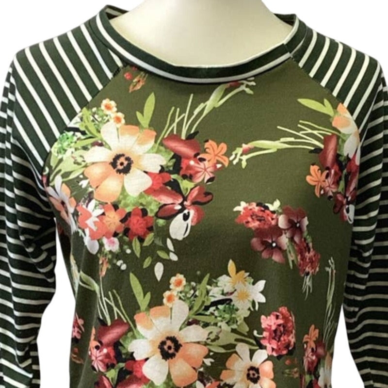 Ladies Medium Long Striped Sleeve Floral Crew Neck Polyester Blend Tee Shirt Top