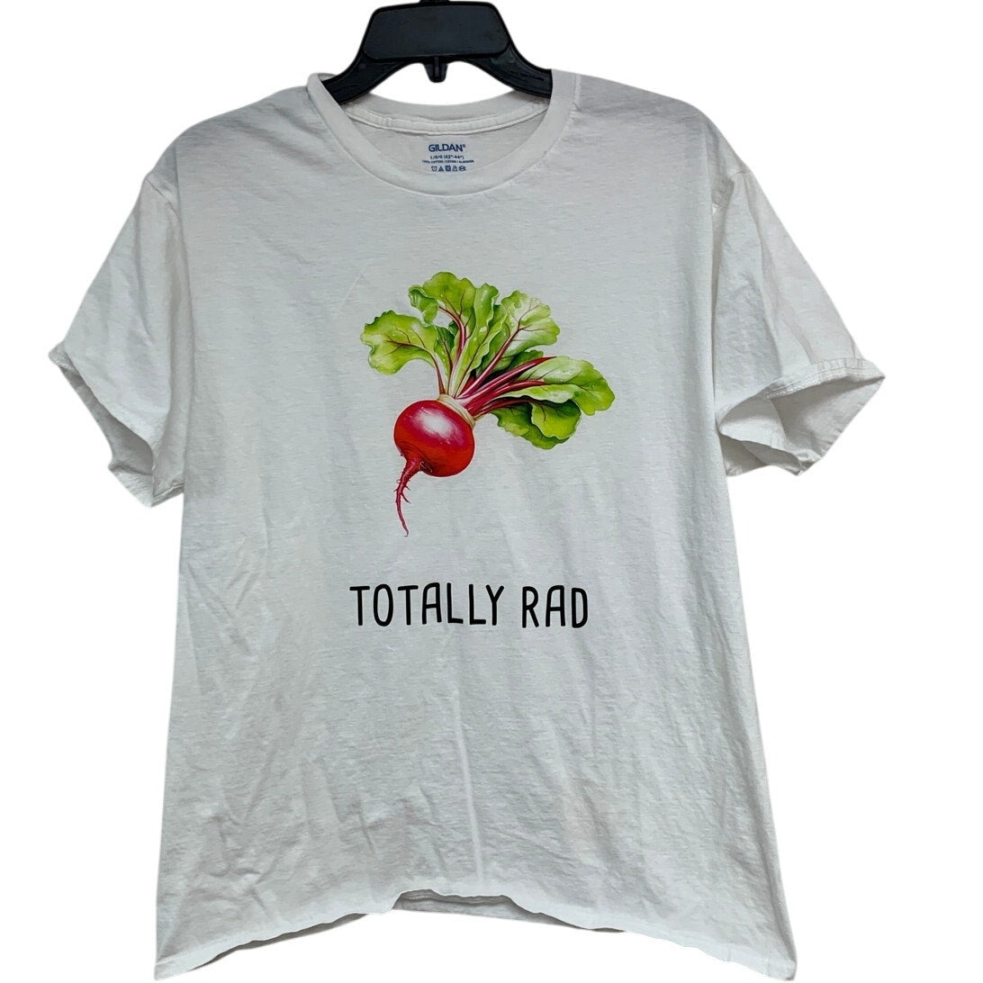 New Hand Printed Adult Large Totally Rad Radish Veggie Short Sleeve Tee Shirt
