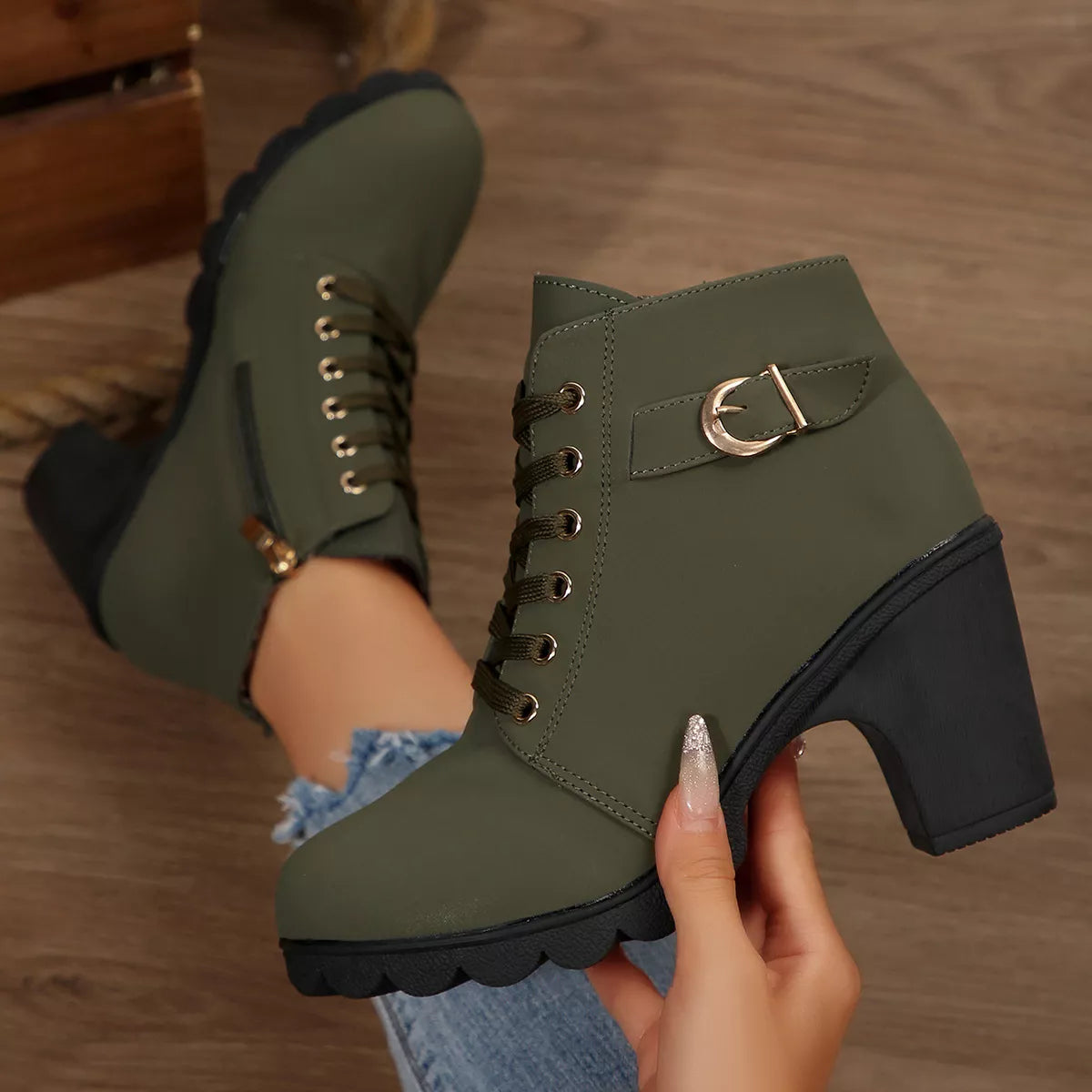 Lace Up Block Heels Boots