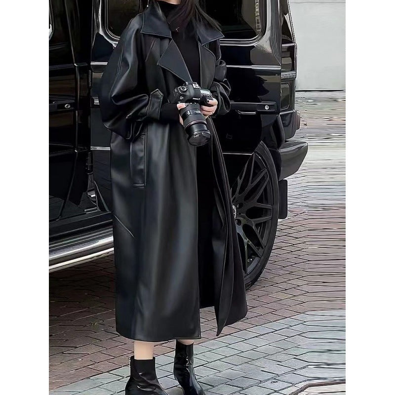 Women's Fashion Temperament Long Below The Knee PU Leather Coat