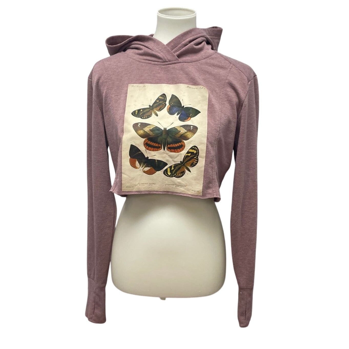 Hand Printed Upcycled Womens Medium Vintage Book Butterfly Page Cropped Hoodie
