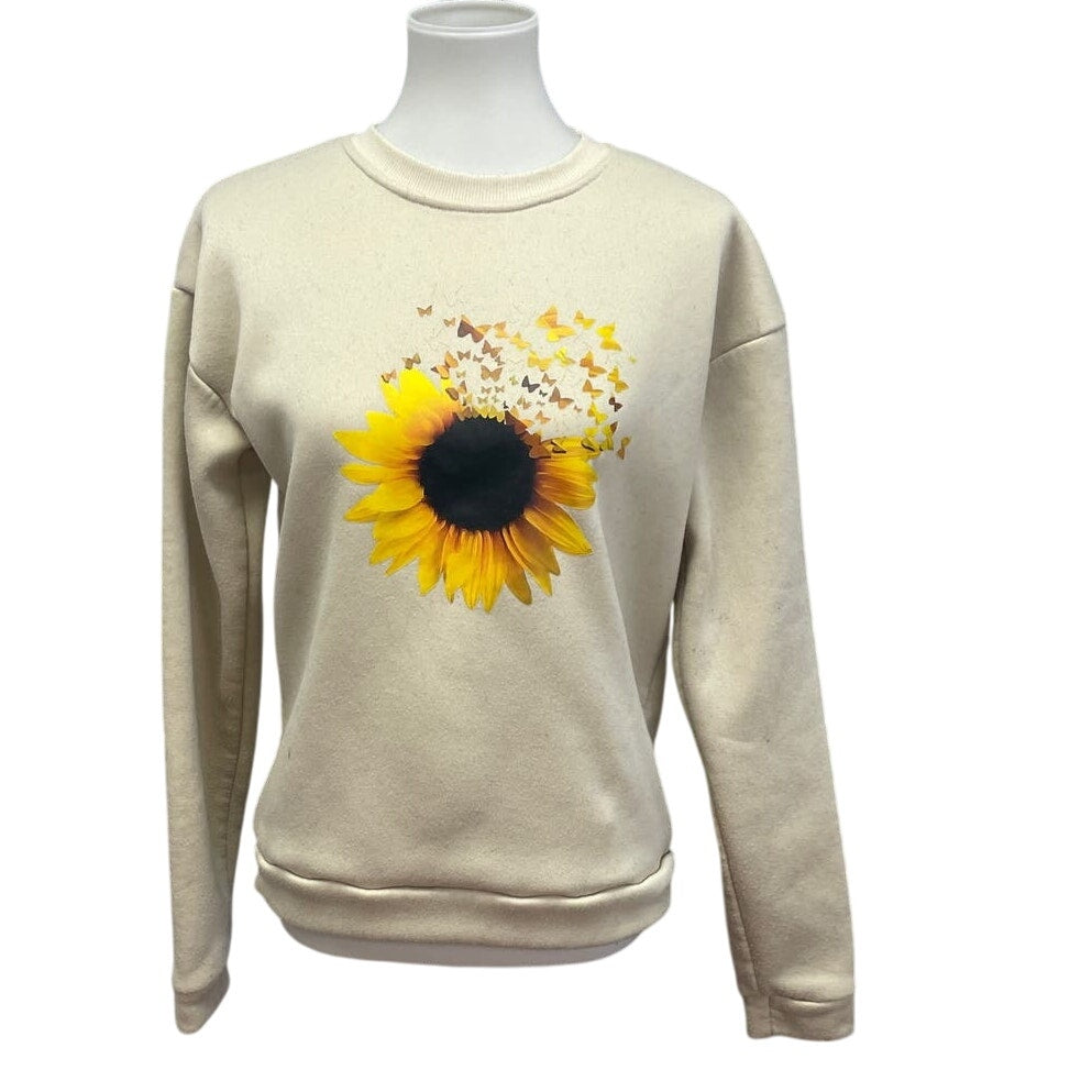 Womens Small Sunflower Butterfly Petal 100% Polyester Long Sleeve Sweatshirt