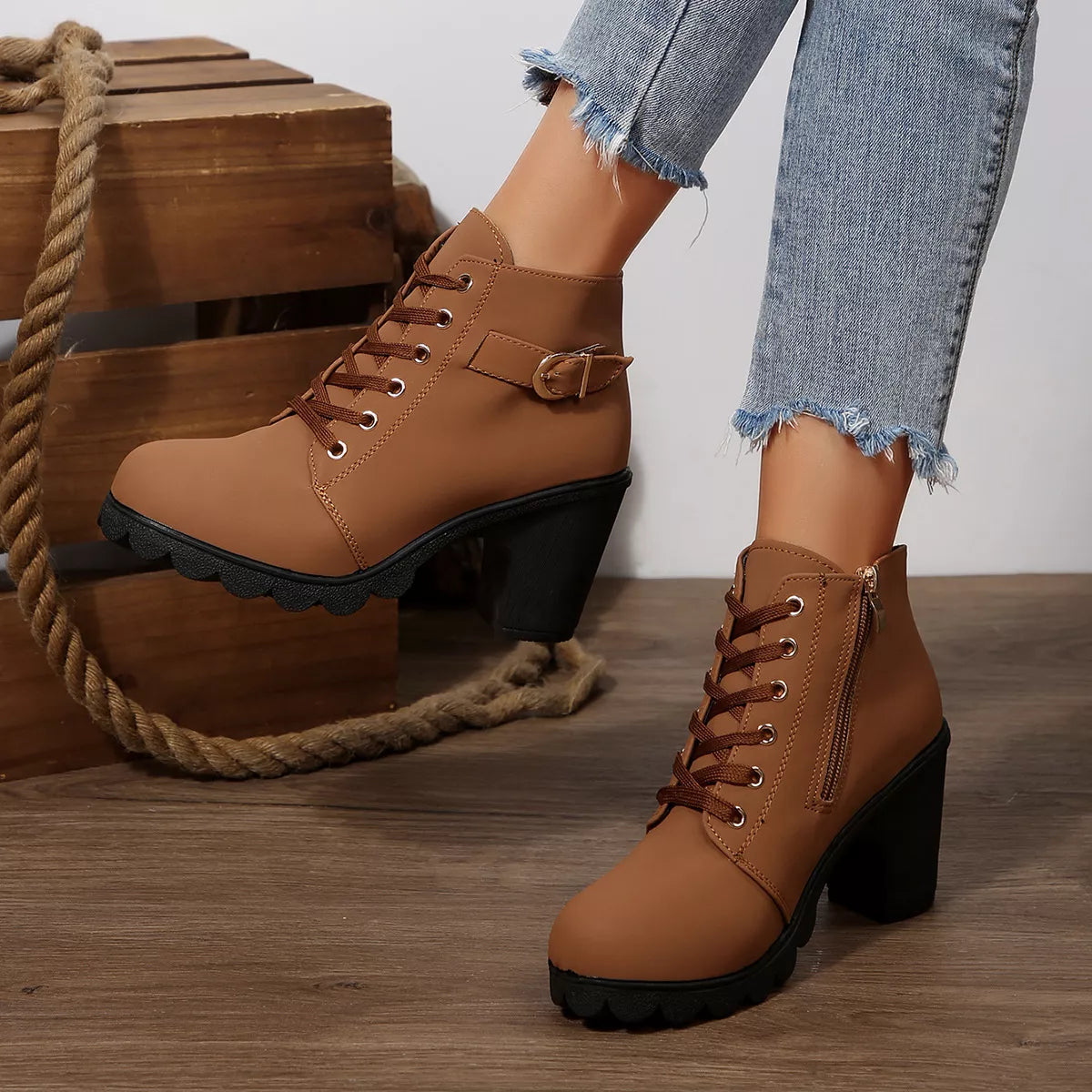 Lace Up Block Heels Boots