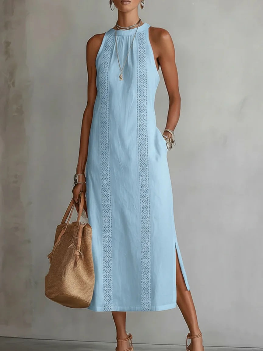 Women's Halter Neck Sleeveless Dress Lace Patchwork Holiday Style Summer Top