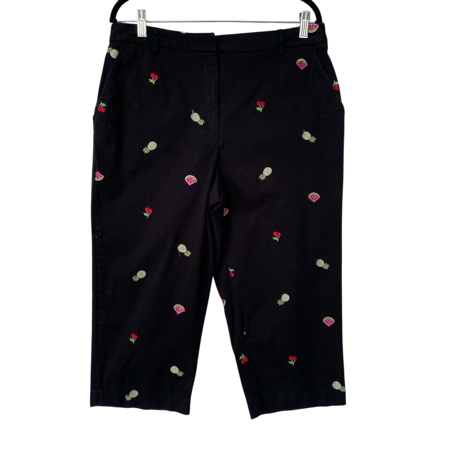 JM Collection Womens Size 16 Black Embroidered Fruit Stretch Cotton Capri Pants
