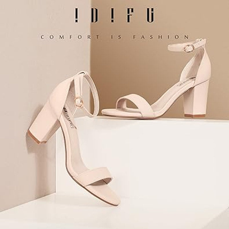 Idifu Womens Size 9 Tan Nude Open Toe 4" Block Heel Ankle Strap Sandal Shoes