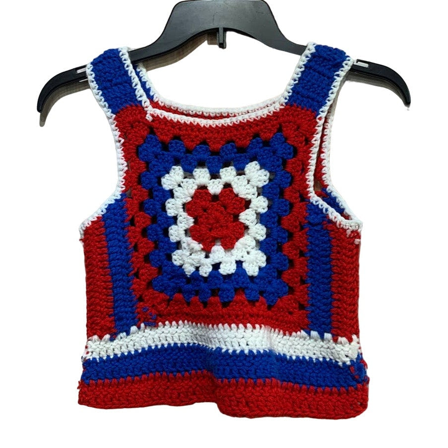 Handmade Crocheted Girls Small Red White Blue Granny Square Sleeveless Tank Top