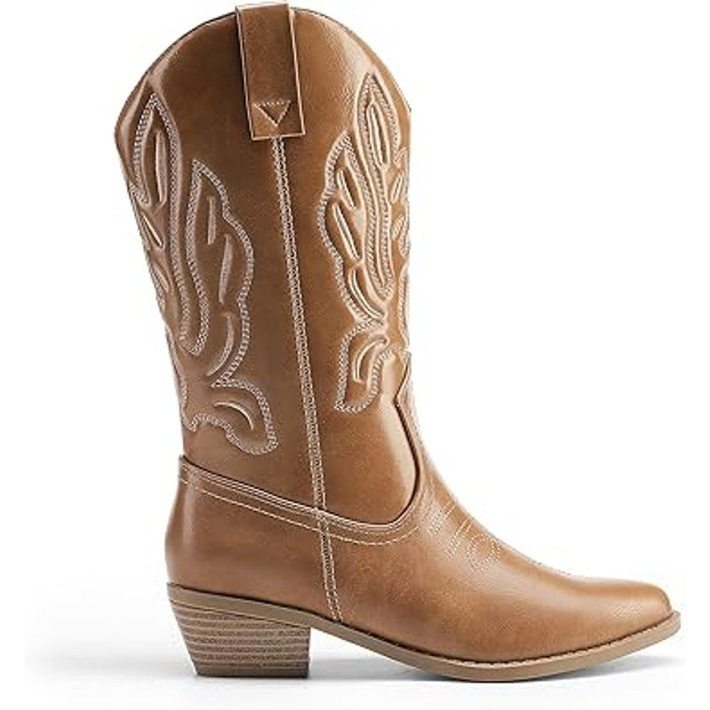 Dream Pairs Womens 10 Brown Faux Leather 2" Heel Western Pull On Cowboy Boots