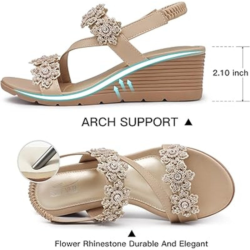 Shibever Womens Size 12 Gold Flower 2" Wedge Heel Ankle Strap Beaded Sandals