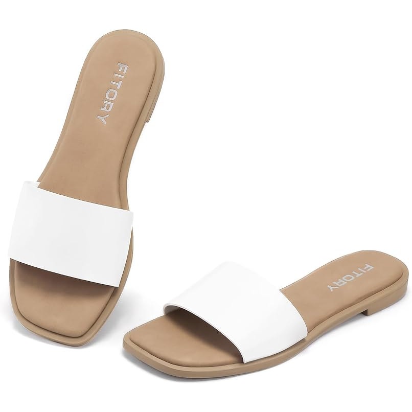 Fitory Womens Size 8 White Faux Leather Slide On Open Toe Flat Sandals Shoes