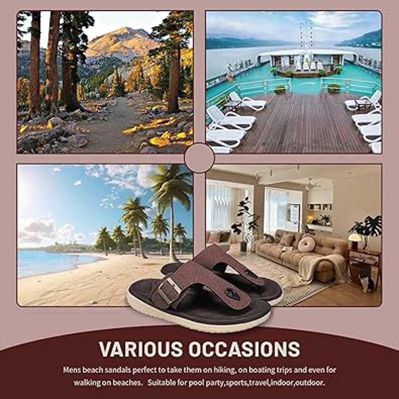 Subbxre Mens Size 11 Brown Slide On Arch Support Adjustable Buckle Thong Sandals