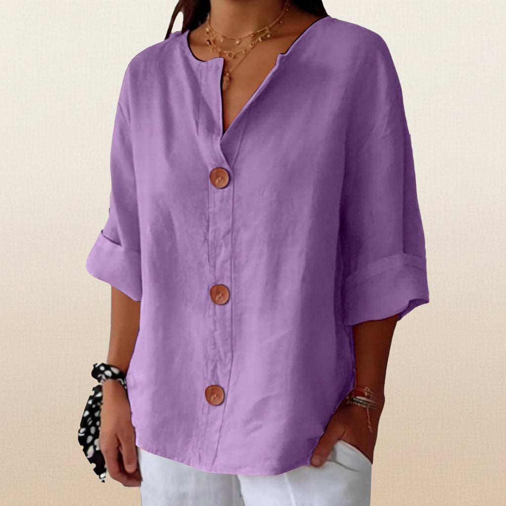 Women’s V-Neck Cotton Linen Buttoned Blouse