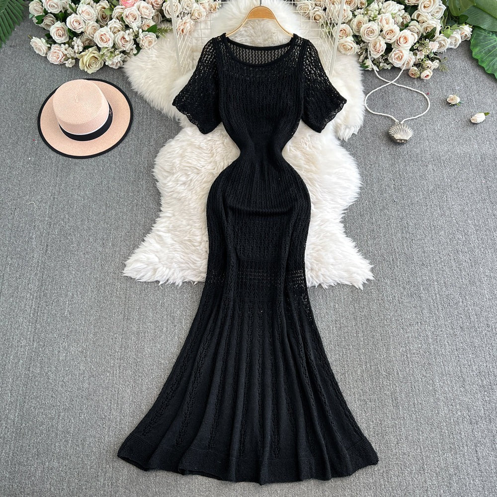 Vintage Hollow-Out Knit Dress – Women's Summer Elegant Tie-Waist A-Line Midi, Fishtail Slim-Fit Gown