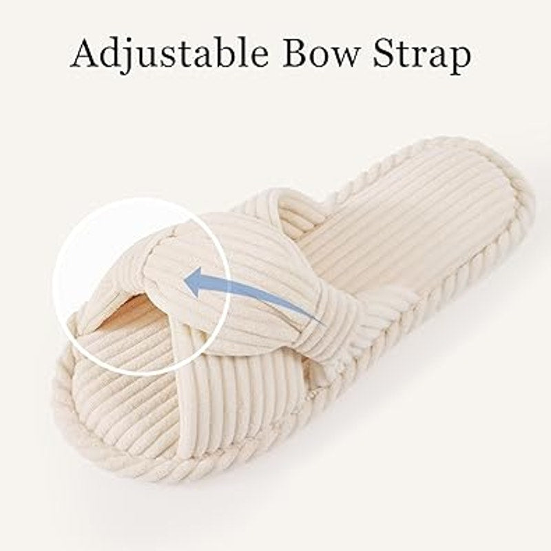 Evshine Womens Size 8/9 Cream Soft Corduroy Bow Slide On Open Toe Slipper Shoes