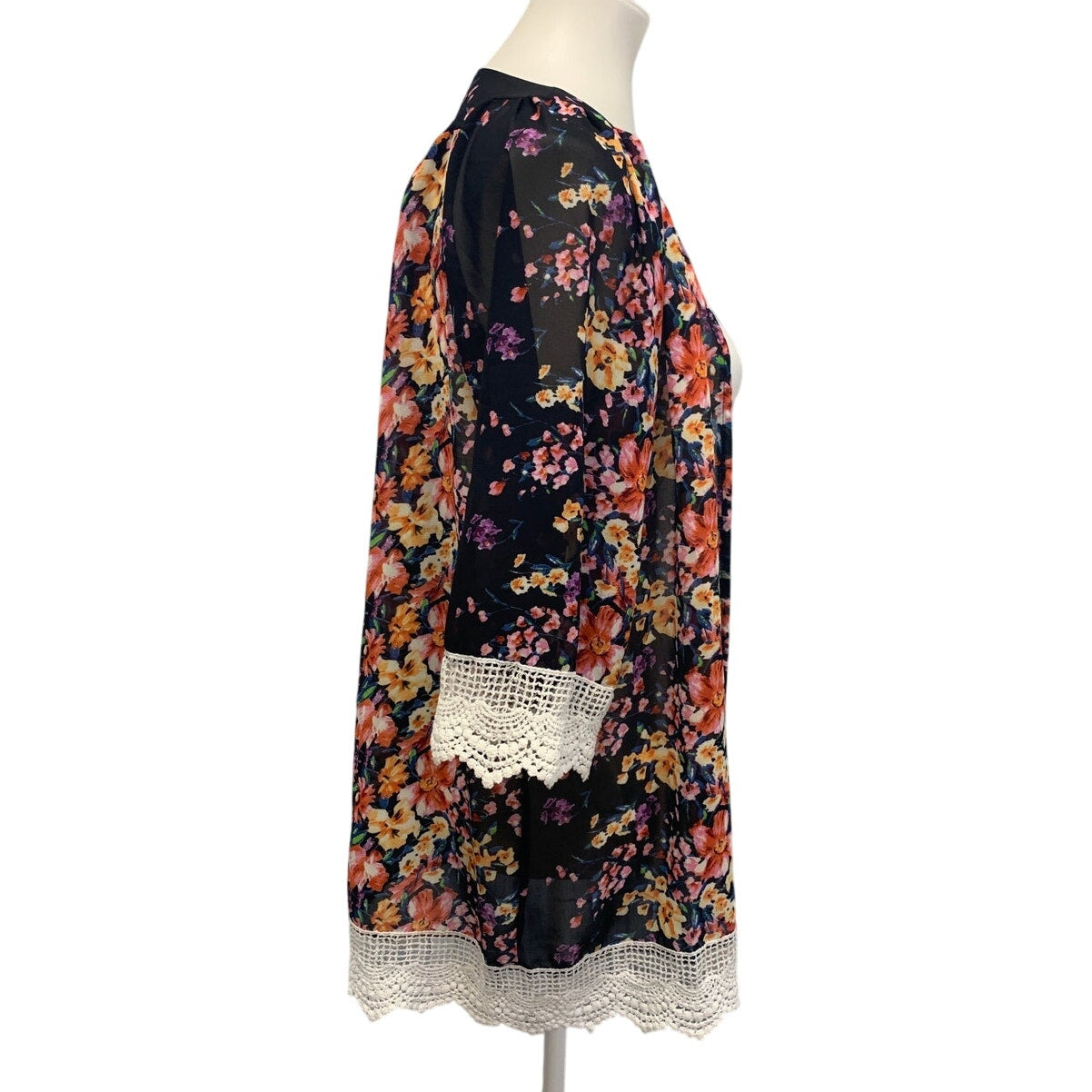 Long Sheer Womens Medium Lace Trim Floral Flowy Open Cardigan Coverup