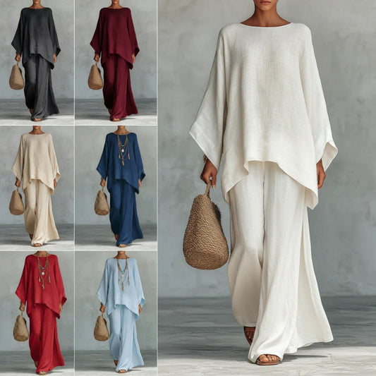 Casual 2-piece Set Loose Long-sleeved Wide-leg Trousers For Womens Minimalist Relaxed-fit Top And Wide-leg Pants Set For Daily Wear Work Vacation Outfits