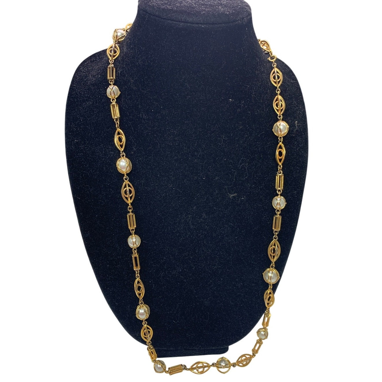 Vintage 33" Faux Pearl Art Deco Long Gold Toned Chain Link Necklace