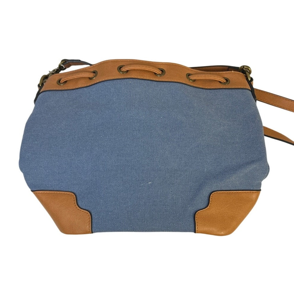 Lee Womens Blue Denim Fabric Adjustable Strap Crossbody Bucket Tote Handbag