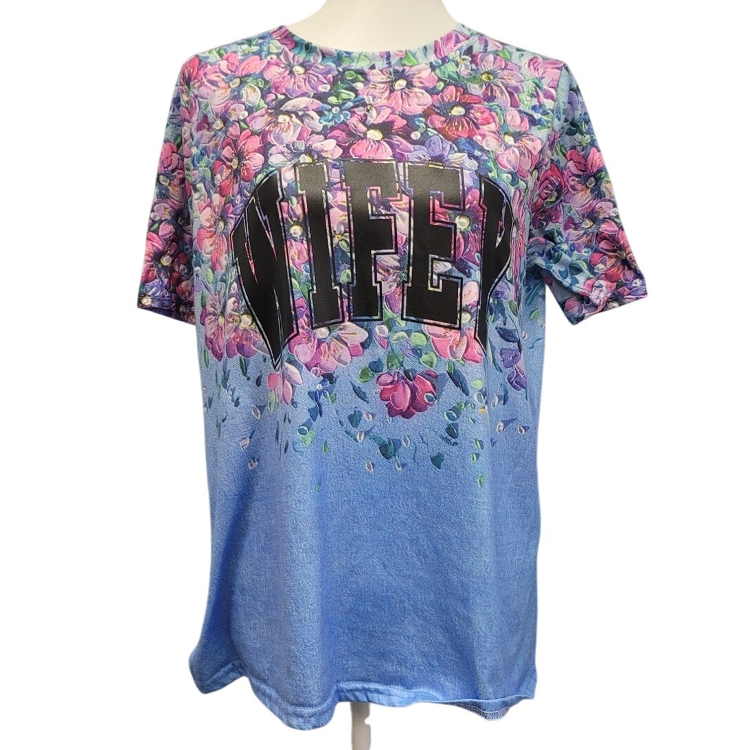 Hand Printed Upcycled Womens XL Wifey Floral Pattern Polyester Tee Shirt
