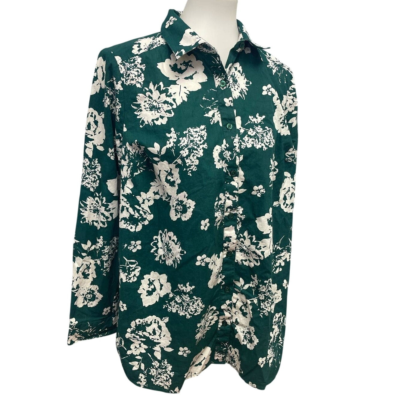 Roaman's Plus Size 16W Long Sleeve Button Down Cotton Floral Top Blouse Shirt