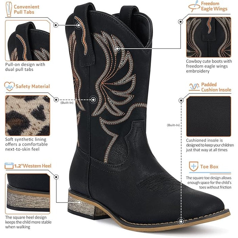 Rollda Boys Size 1 Black Faux Leather Embroidered Low Heel Western Cowboy Boots