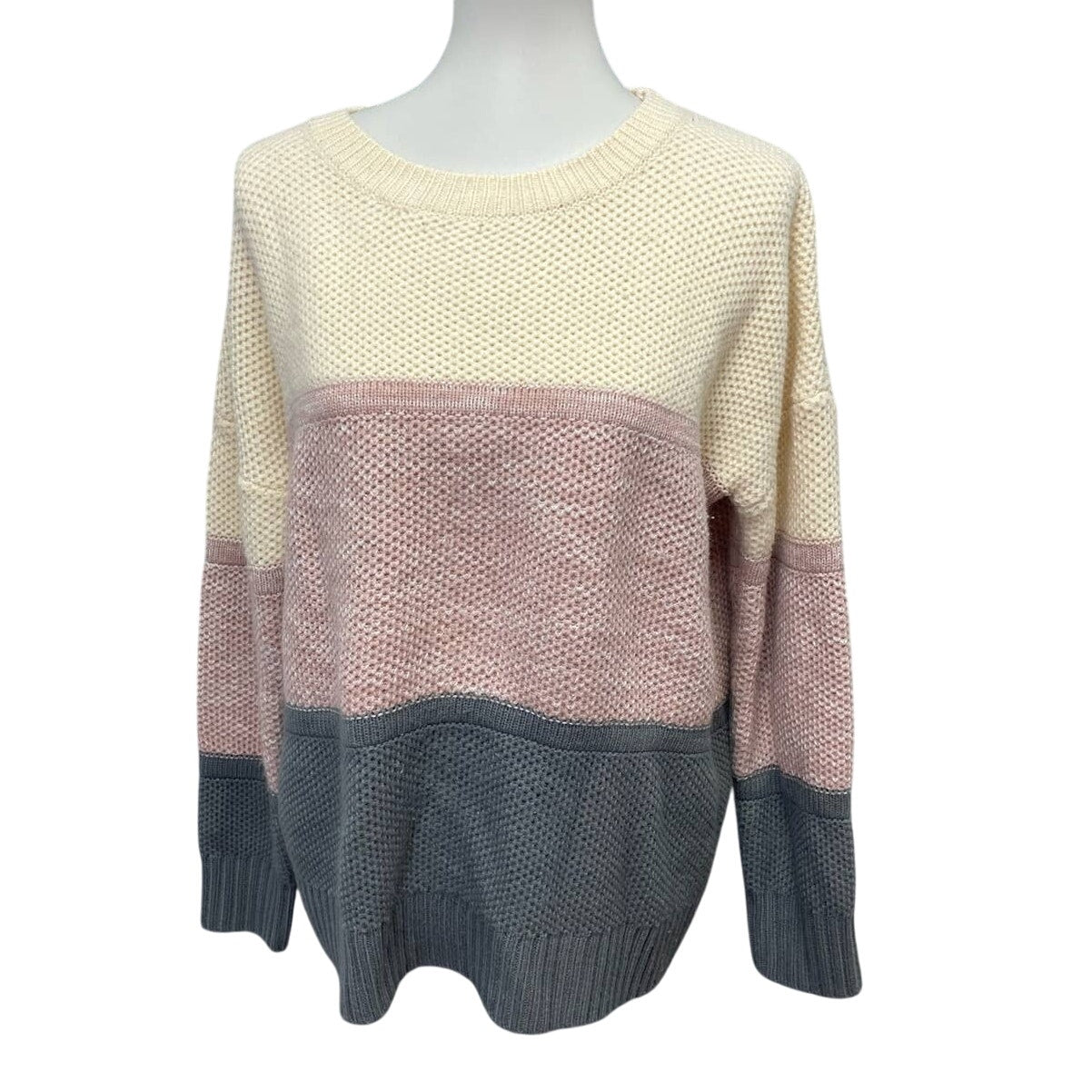 Womens Large Long Sleeve Tri Color Striped 100% Acrylic Knit Pullover Sweater