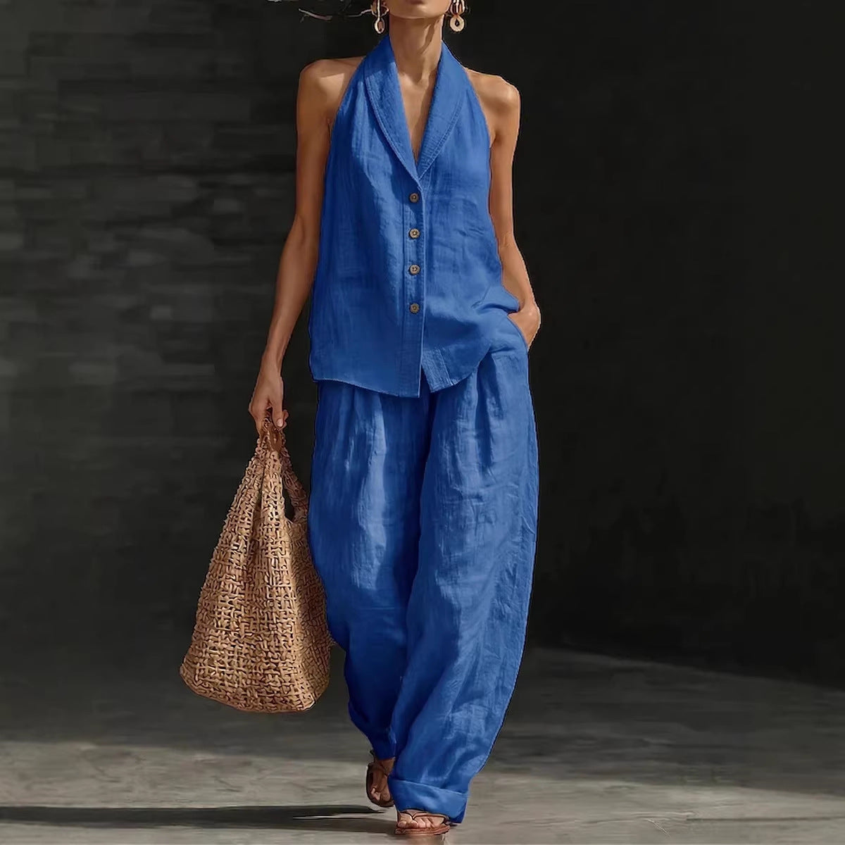 Women's Sleeveless Vest & Wide-Leg Pants Cotton-Linen Two-Piece Set
