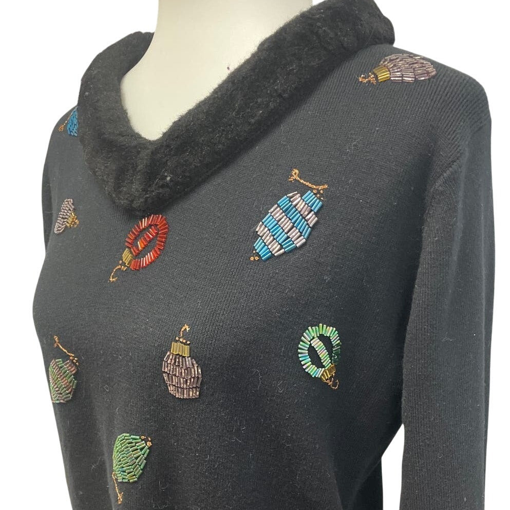 Telluride Clothing Co Womens Large Christmas Ornament Beaded Faux Fur Sweater