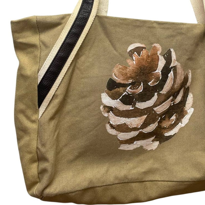 Hand Printed Upcycled Rustic Woody Pine Cone Canvas Tote Sholder Bag Handbag