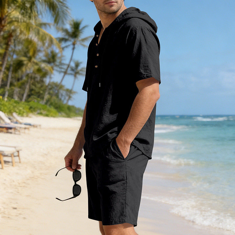 Men's Linen Hooded Casual Set - Loose Fit Breathable Two-Piece Outfit For Summer Daily Wear Holiday Outfit