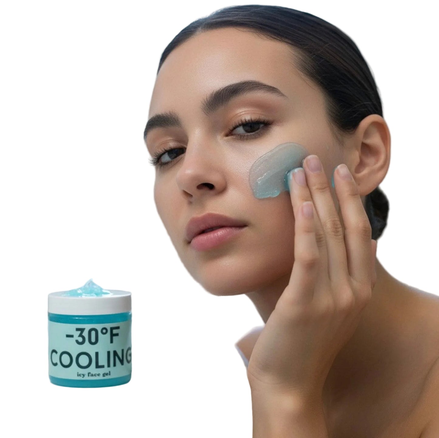Woman applying a cooling gel to her face with a jar of the product on a bathroom counter.