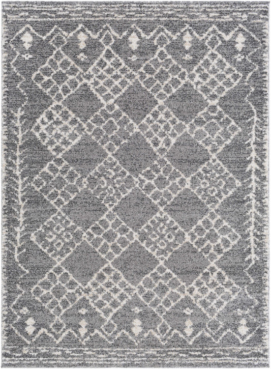 Gray and ivory geometric area rug with distressed Moroccan-inspired diamond lattice pattern, soft low-pile texture, and decorative border, ideal for living rooms, bedrooms, and modern farmhouse décor.