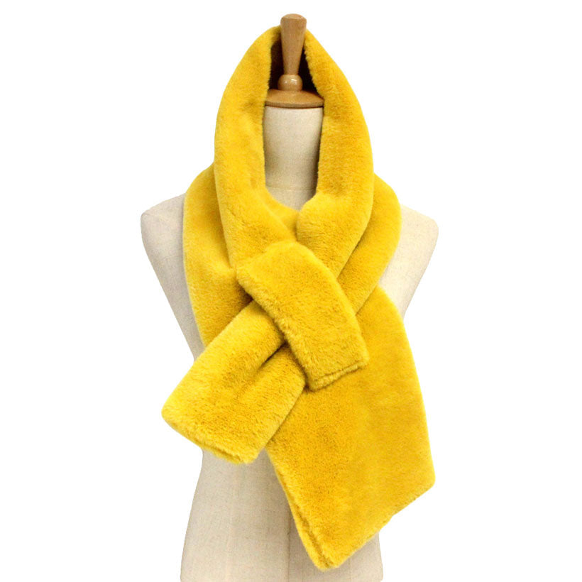 Fall Winter Solid Faux Fur Pull Through Scarf