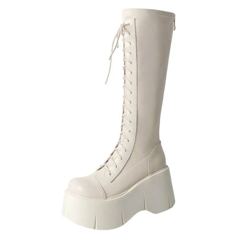 Fashion White Platform Lace Up High Boots