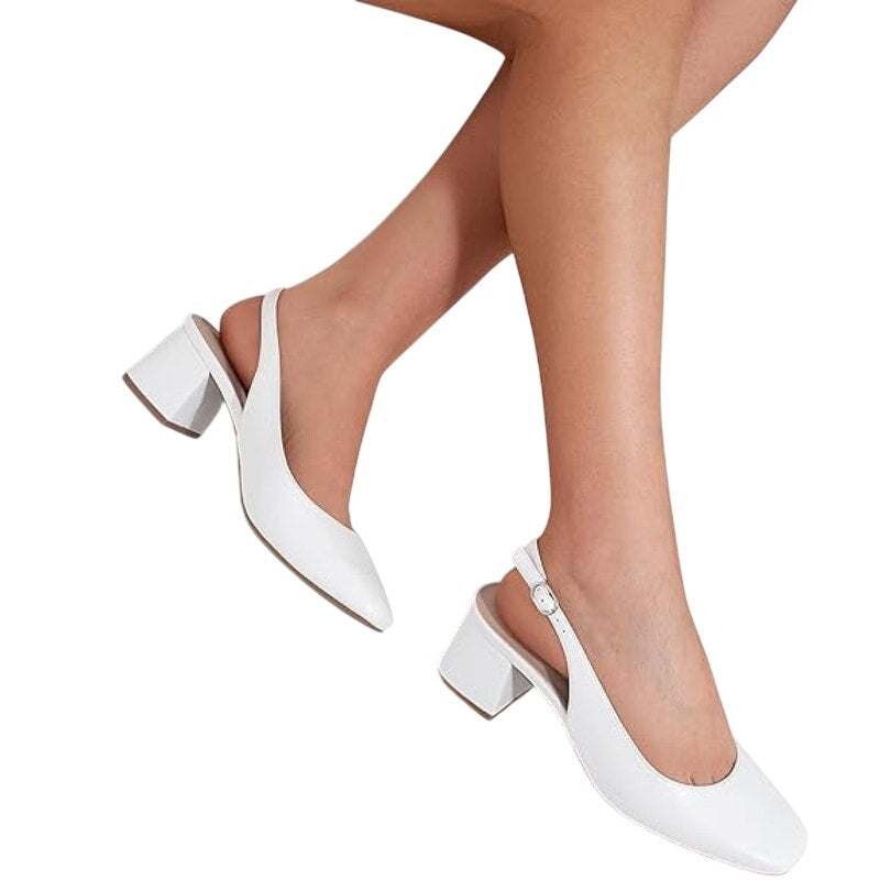 Dream Pairs Womens 9.5 White Faux Leather Low 2.5" Block Heel Slingback Shoes