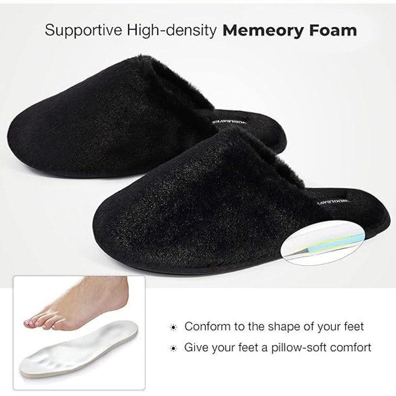 Snug Leaves Womens Size 9-10 Black Fuzzy Slippers Memory Foam Slip On Shoes
