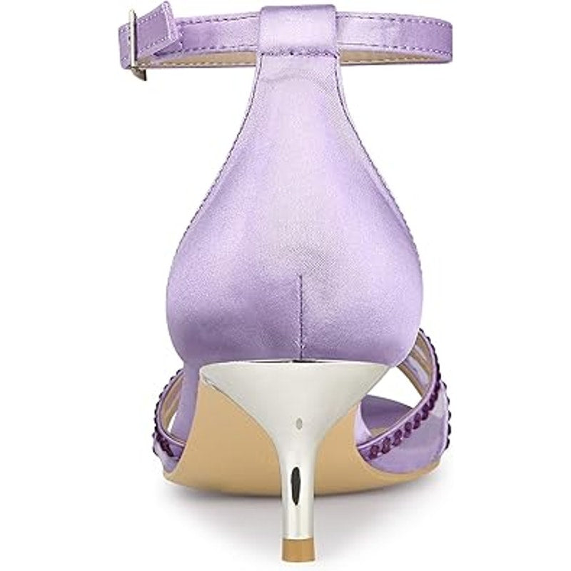 Allegra K Womens Size 8.5 Purple Satin Rhinestone Mesh Ankle Strap 2" Heels
