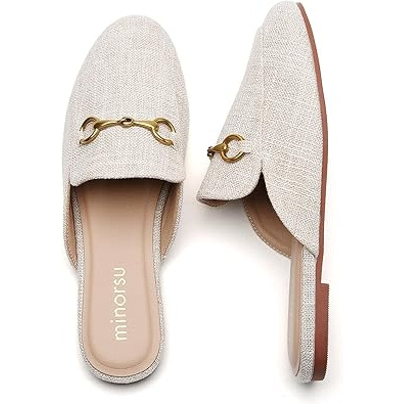 Minorsu Womens Size 8.5 Tan Gold Buckle Memory Foam Insole Low Heel Mule Shoes