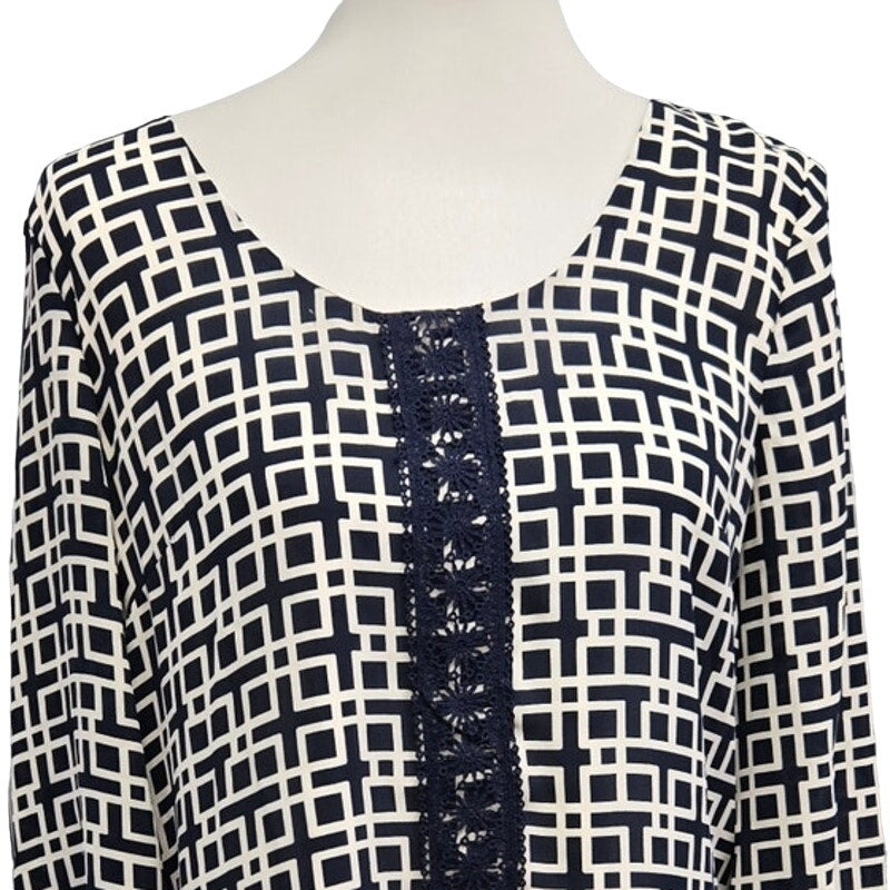 Alya Womens Medium Long Sleeve Scoop Neck Lined Geometric Navy Sheath Dress