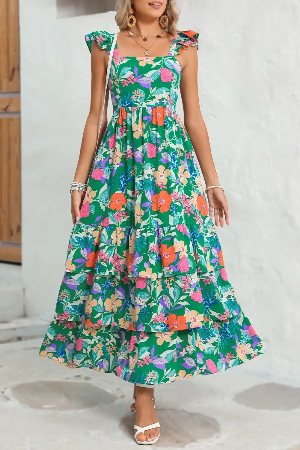 Floral Ruffle Green Tiered Maxi Dress